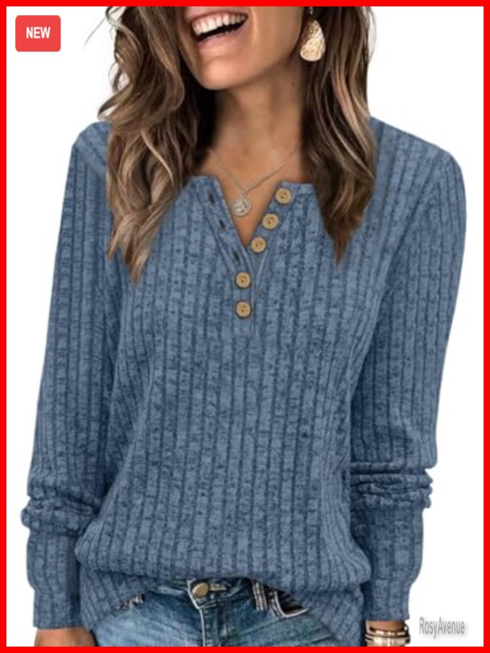 Womens Ribbed Knit Henley Sweater Button V Neck Long Sleeve Pullover Top